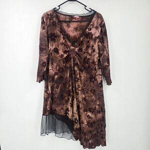 Joe Browns Brown Velvet Whimsigoth Dress Y2K Size 18 Sheer Velour Floral Tie Dye